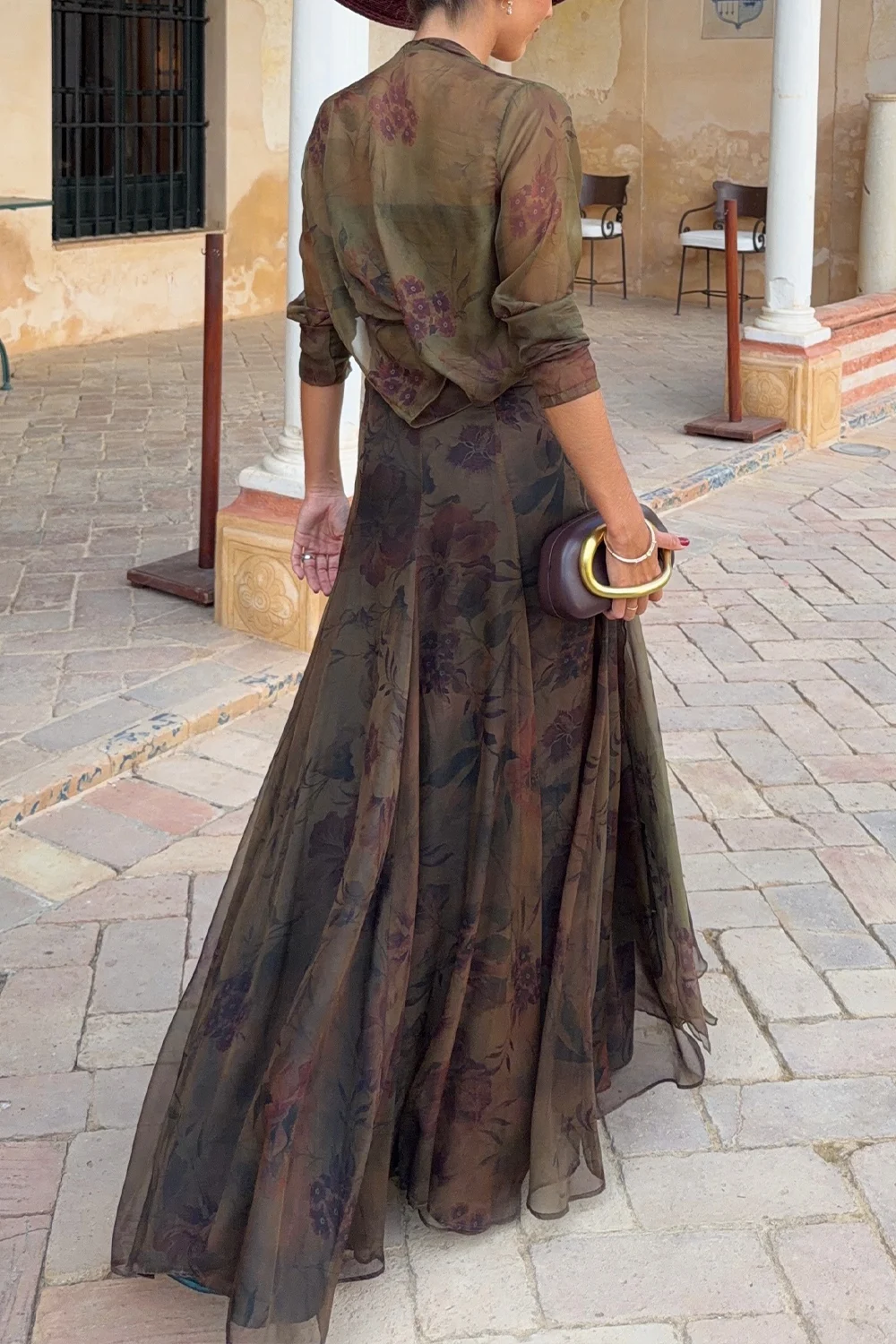 Strapless Ruched Crop Top and Flowing Maxi Skirt Floral Two Piece Set