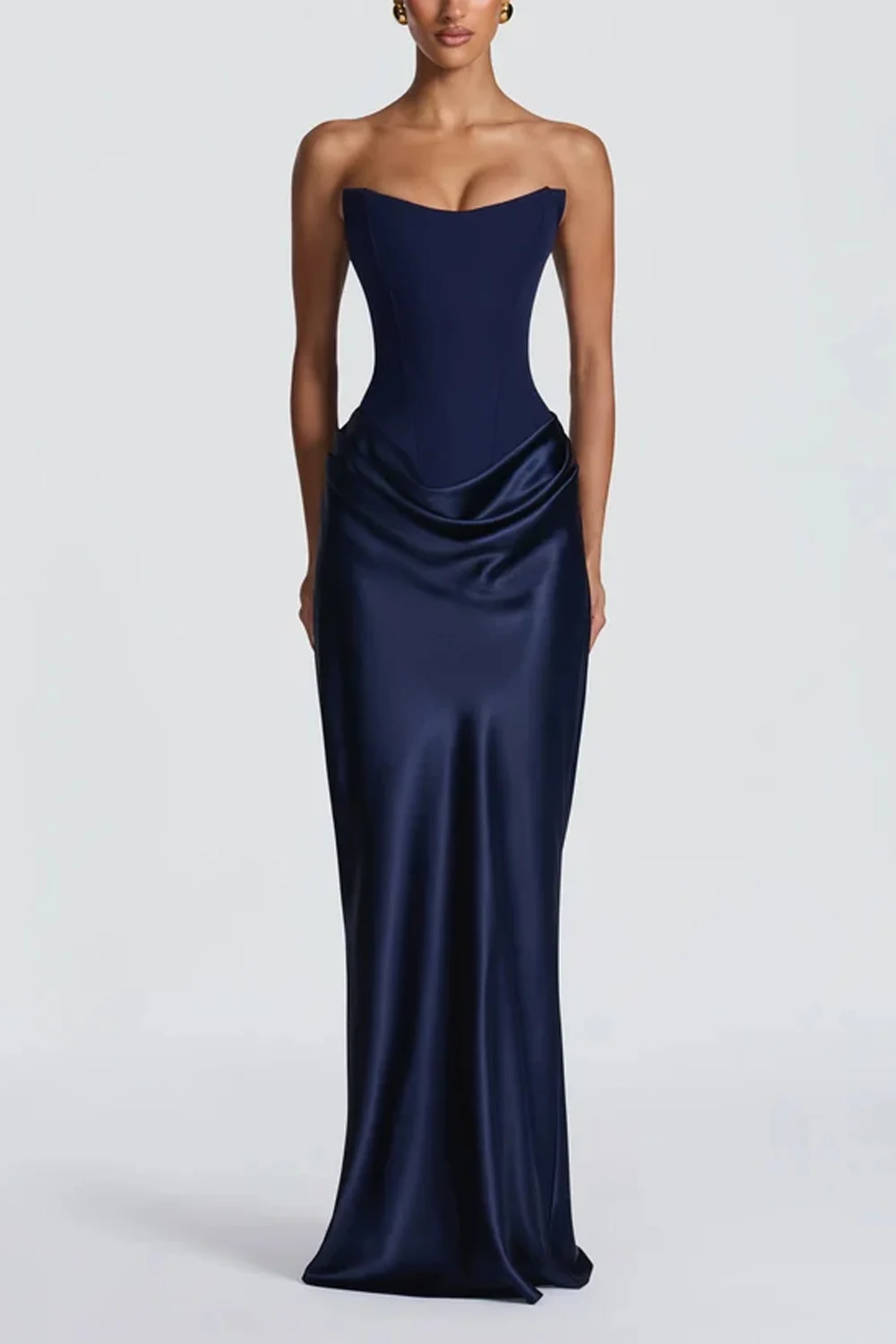 Strapless Corset Draped Satin Maxi Dress with Chiffon Neck Scarf