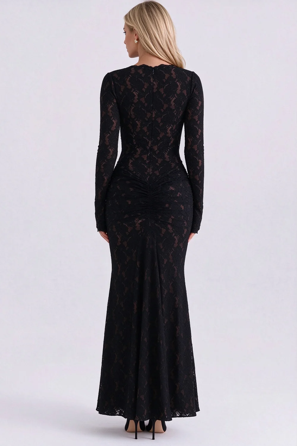 Black Lace Deep Plunge V-Neck Long Sleeve Ruched Bodycon Maxi Evening Dress [erp-image:82c3e5d25c844c3fb2cfc082]