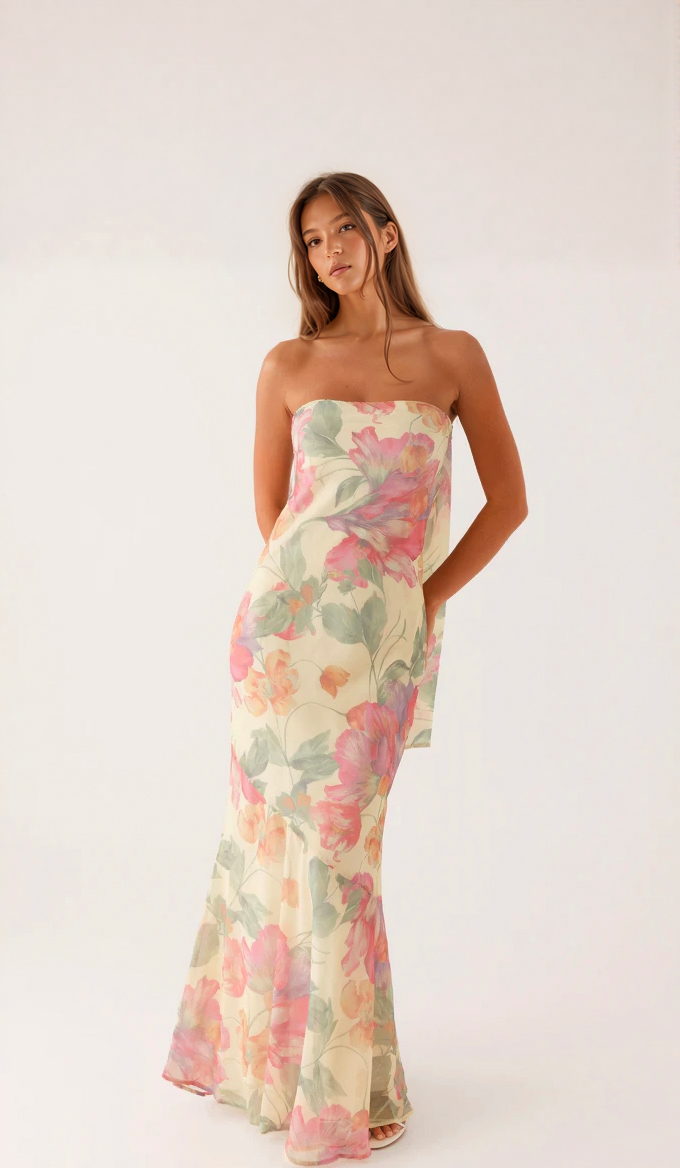 Tube Top Printed Ribbon Dress