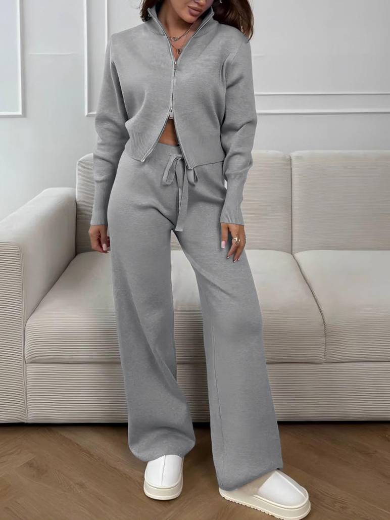 Casual Knitted Cardigan And Wide Leg Pants Suit