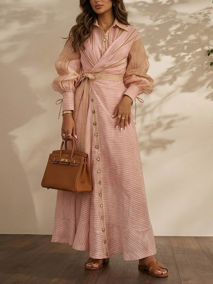 Elegant Striped Wrap Shirt Maxi Dress