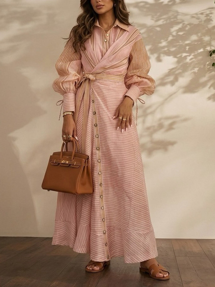 Elegant Striped Wrap Shirt Maxi Dress
