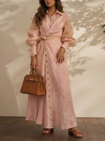 Elegant Striped Wrap Shirt Maxi Dress
