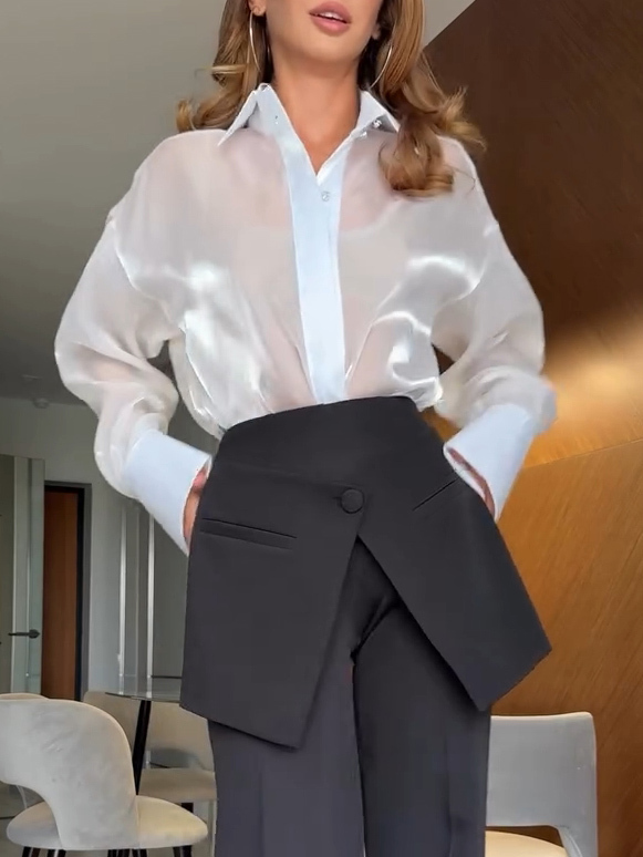 Elegant Shirt-collared Organza Sheer Shirt