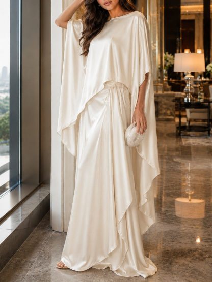 Elegant Satin Cape Wide-Leg Pants Set