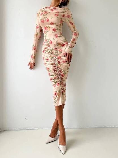 Distinctive Boat Neck Floral-Print Pleated Midi Dress