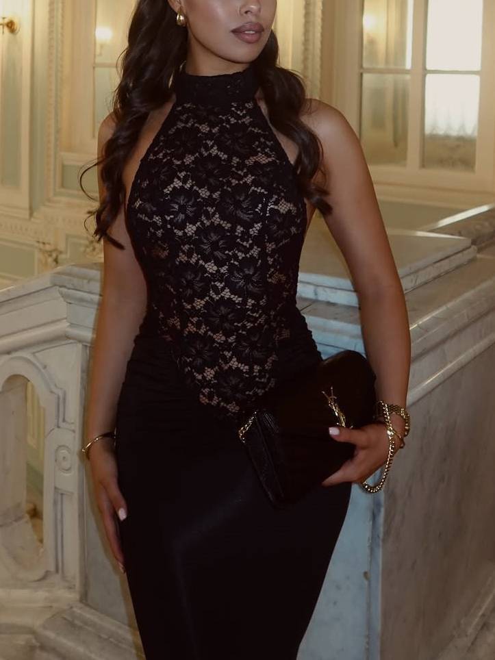 Off Shoulder Lace Splicing Design Maxi Dress