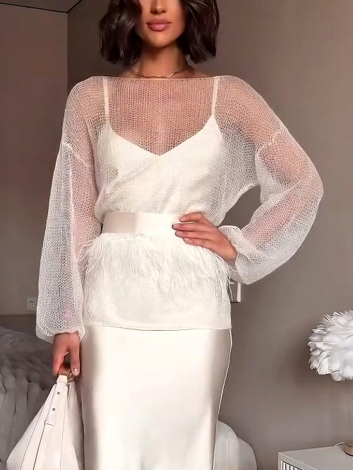 Elegant Thin Feather Trim Belted Sweater