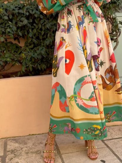 Unique Tarot Print Button-Up Shirt Maxi Dress