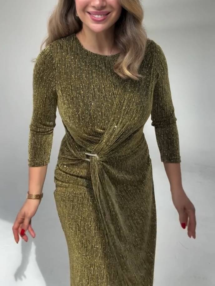 Shiny Pleated Slim-fit Midi Dress