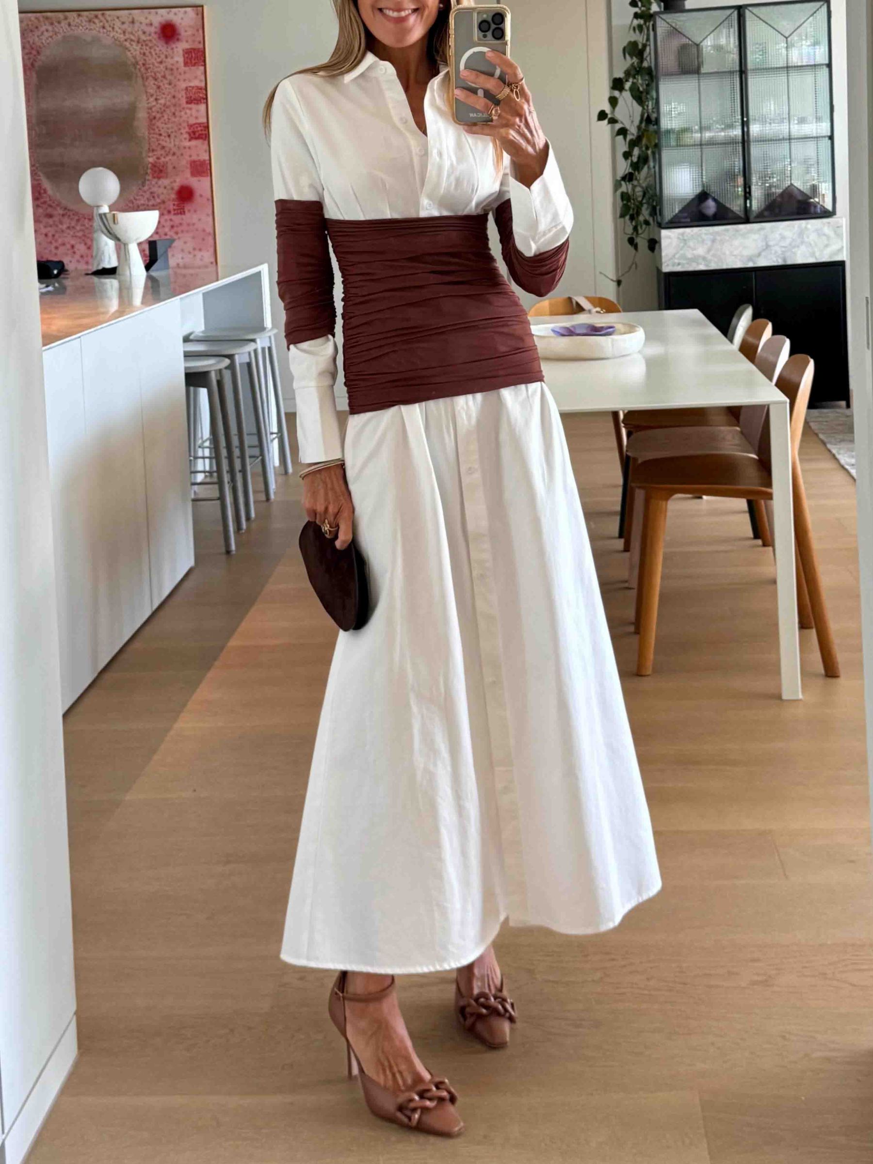 Elegant Mesh Panel Shirt Maxi Dress