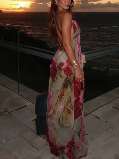 Halter Neck Backless High Slit Printed Dress
