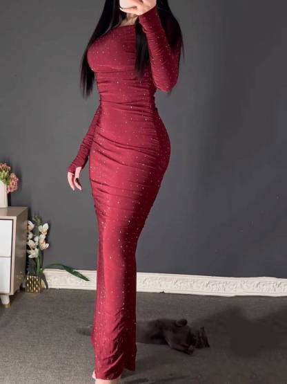 Shiny Pleated Long Sleeve Maxi Dress