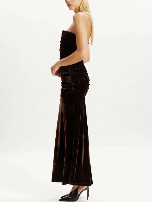 Tube Top Pleated Velvet Maxi Dress