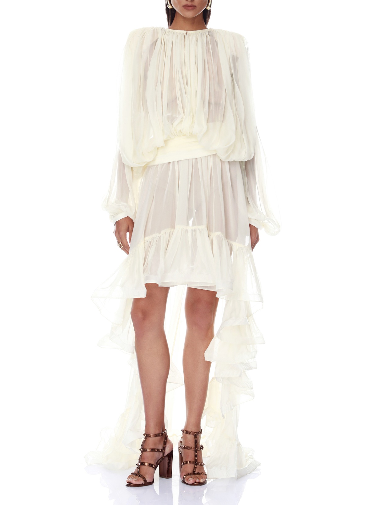 Elegant Sheer Ruffle Blouse & Layered High-Low Skirt Two-Piece Set