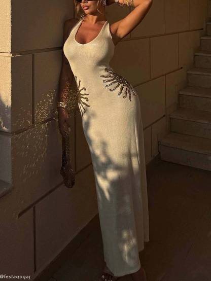 Sequined V-neck Backless Knit Maxi Dress