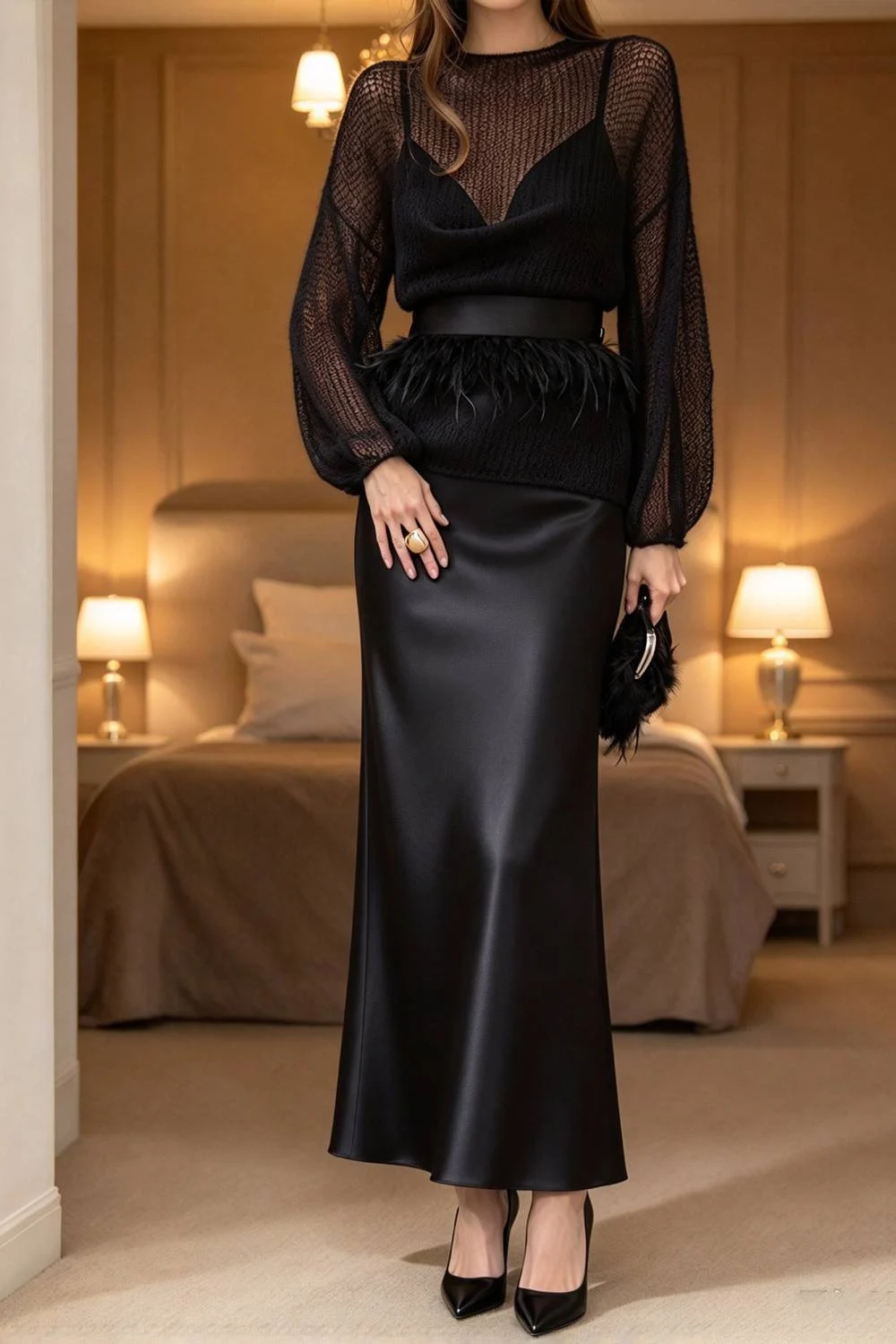 Champagne Open Knit Sweater and Satin Midi Skirt Two Piece Set with Feather Belt
