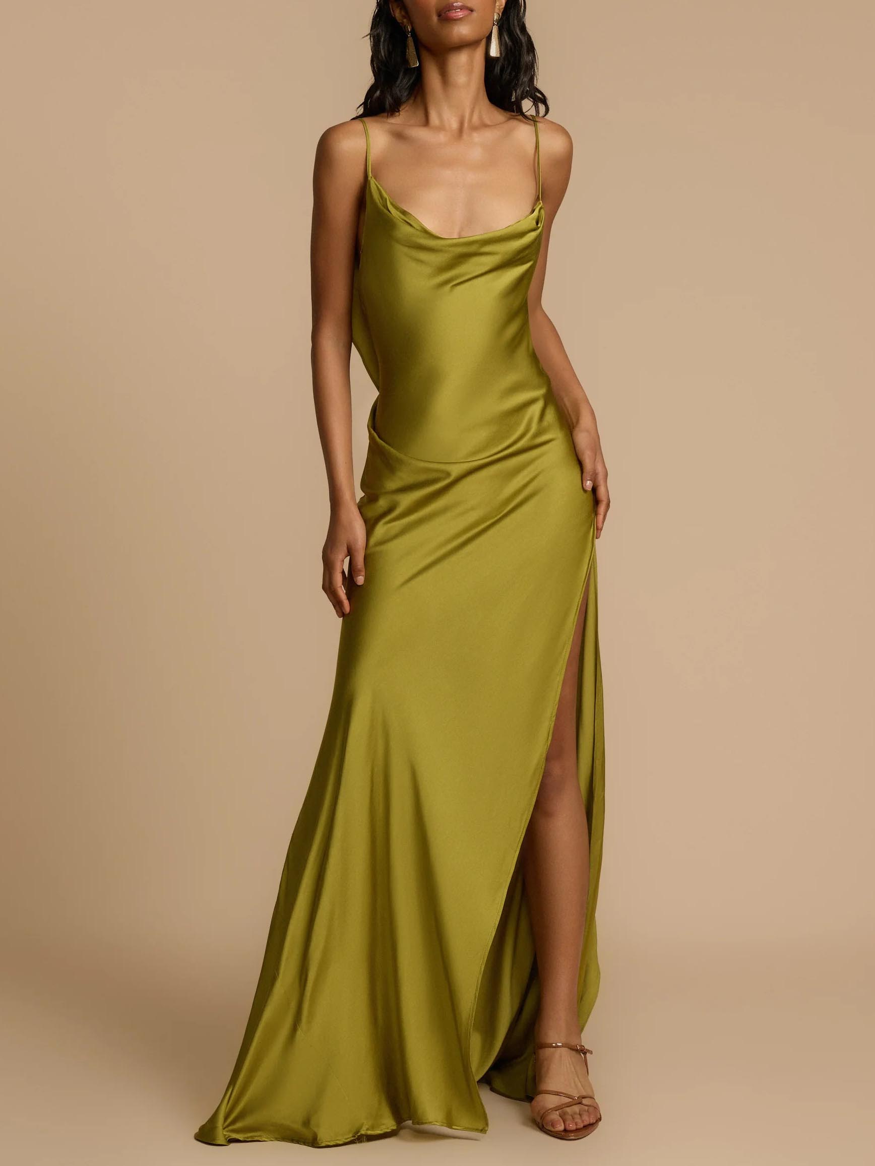 Elegant Satin Ruffled High Slit Maxi Dress