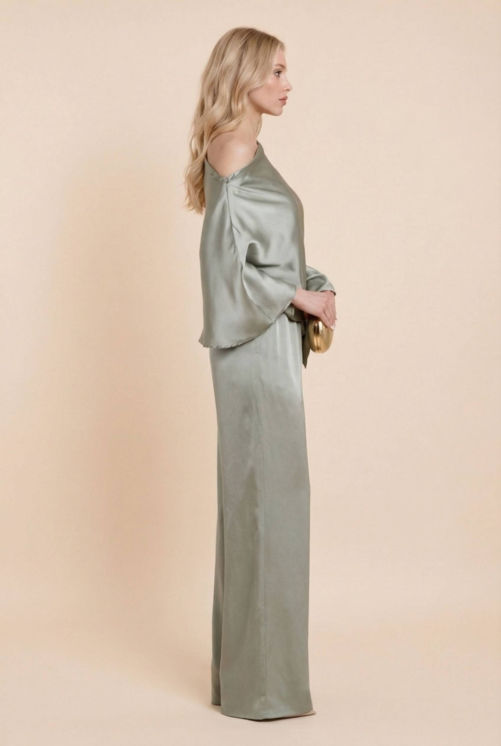 Off-Shoulder Asymmetric Shirt And Wide Leg Pants Set