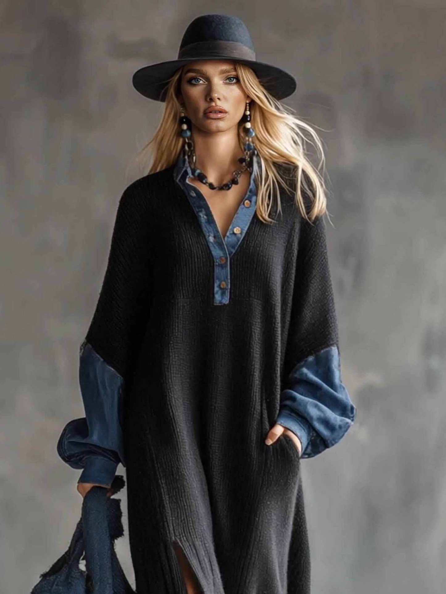 Casual Knit Denim Slit Maxi Dress