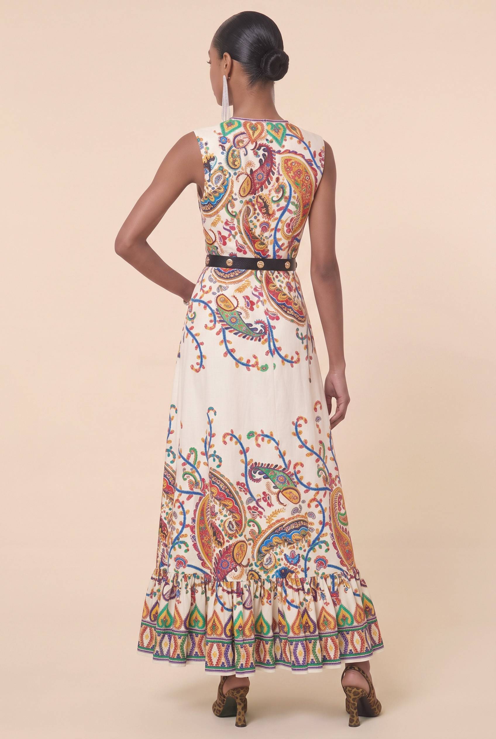 Colorful Cashew Flower Sleeveless Waist Ruffled Long Dress