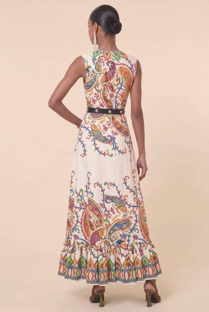 Colorful Cashew Flower Sleeveless Waist Ruffled Long Dress