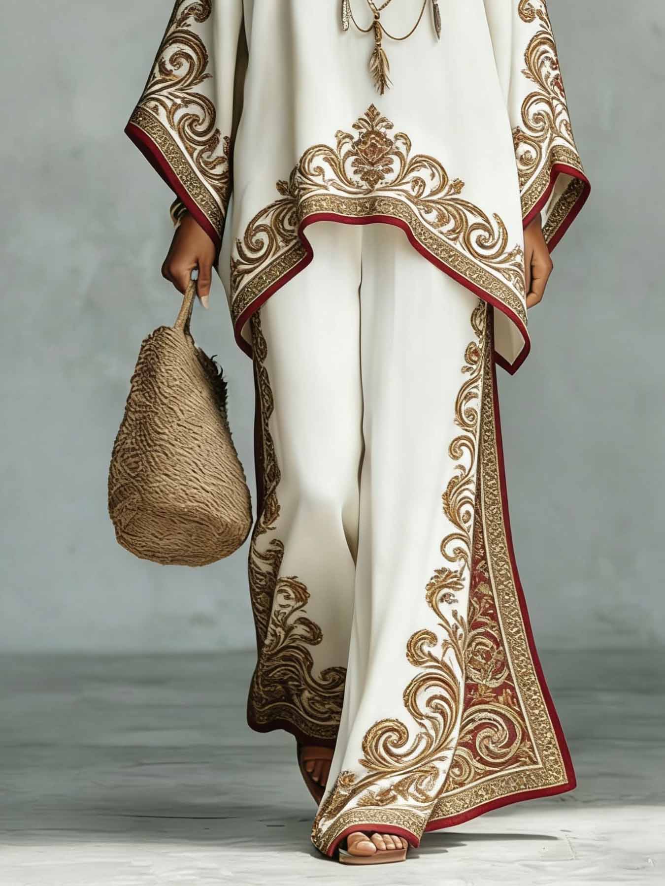 Elegant Satin Printed Oversized Shawl Top & Pants Two-Piece Set