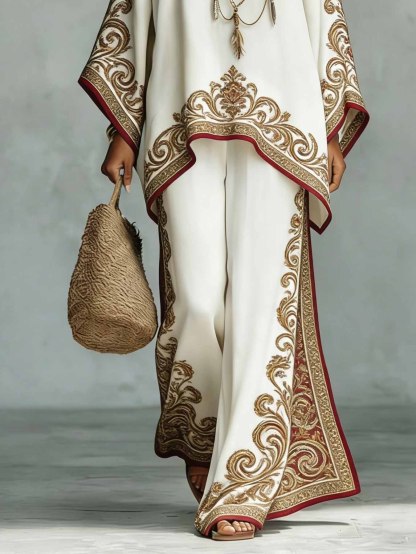 Elegant Satin Printed Oversized Shawl Top & Pants Two-Piece Set