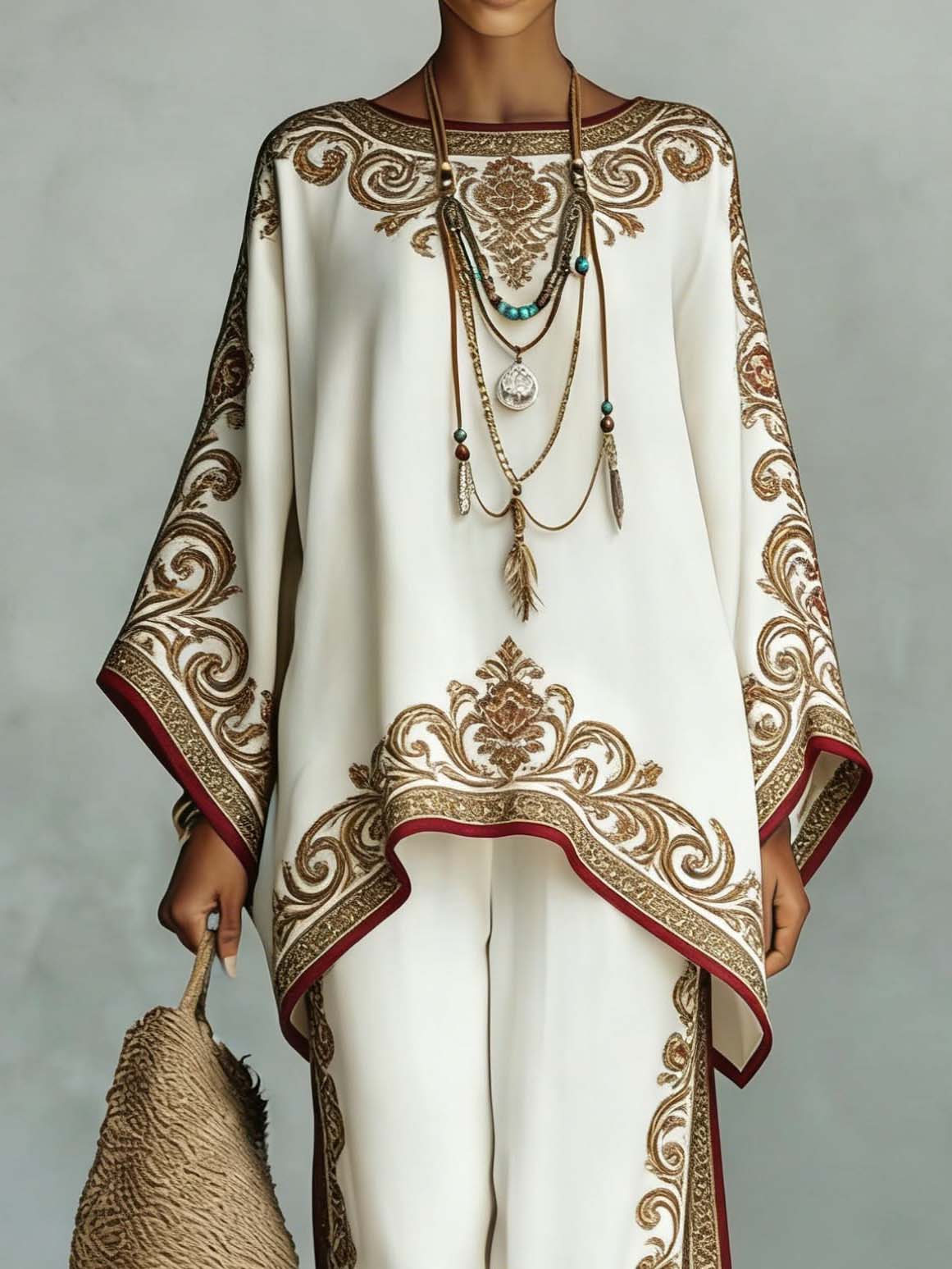 Elegant Satin Printed Oversized Shawl Top & Pants Two-Piece Set