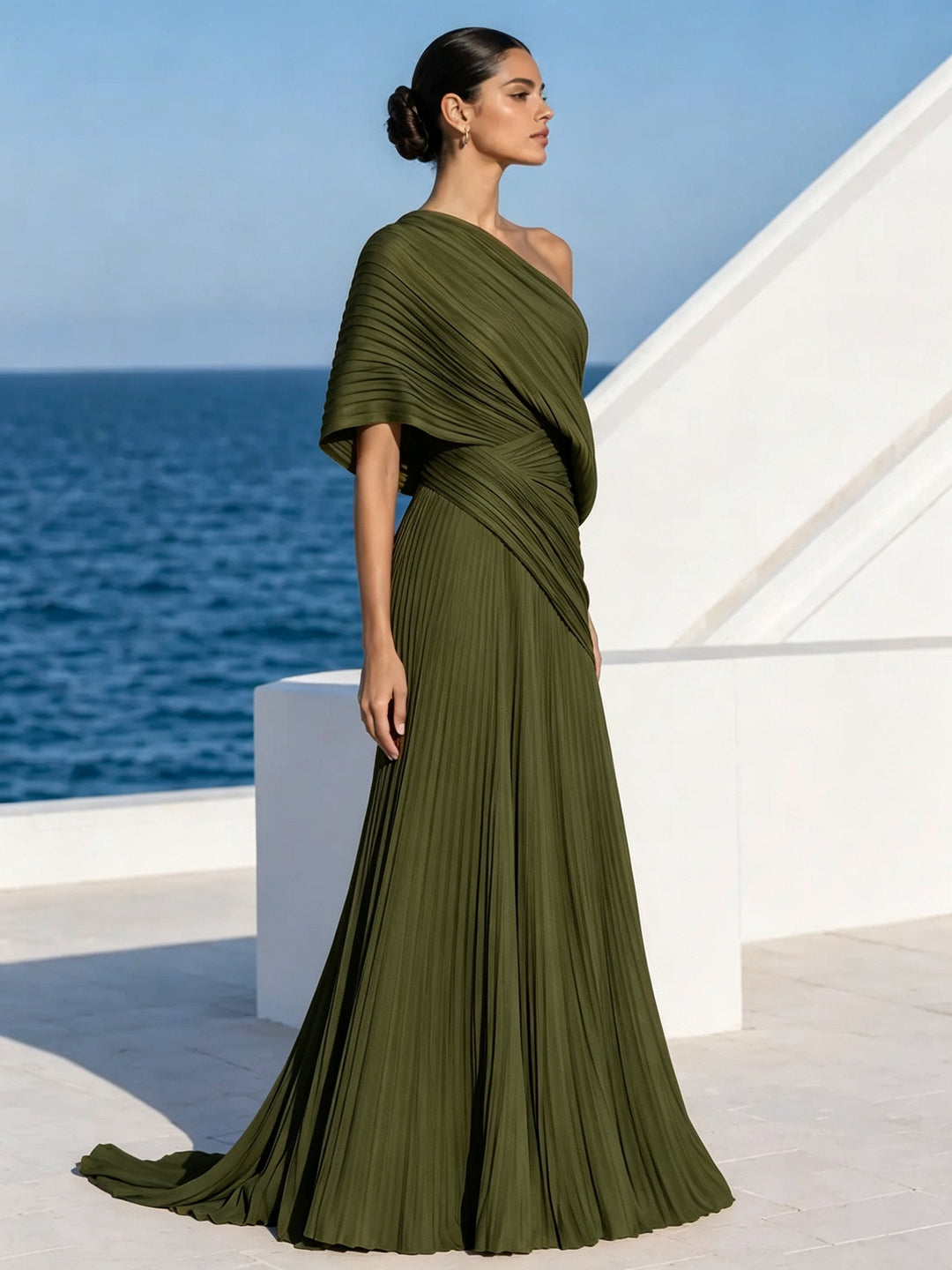 Vibrant Orange One-Shoulder Pleated Maxi Dress – Grecian Gown