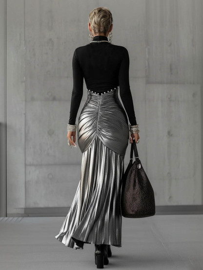 Elegant Round Neck Metallic Silver Pleated Maxi Dress