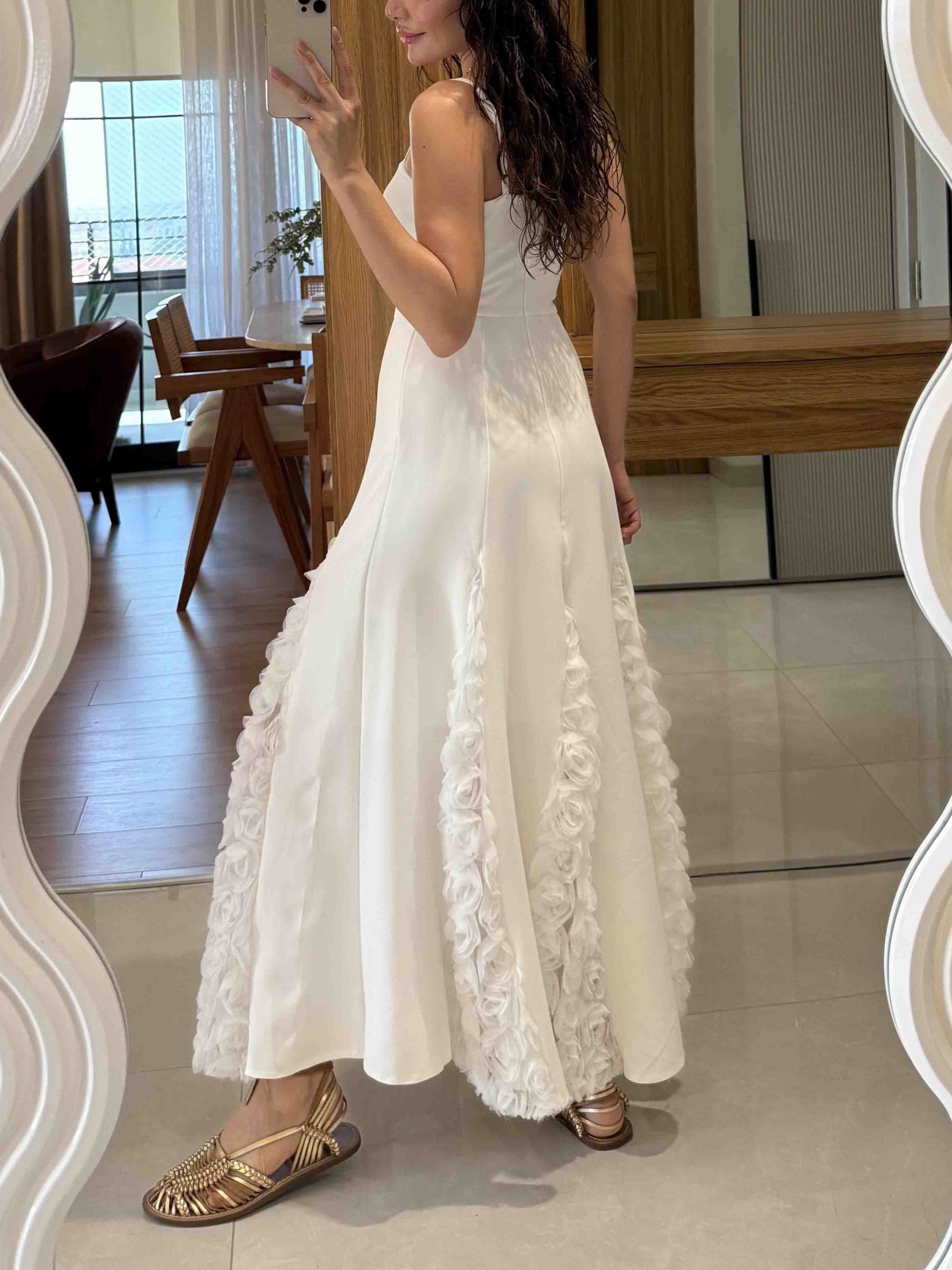 Elegant Rose Floral Applique Spaghetti Strap Midi Dress