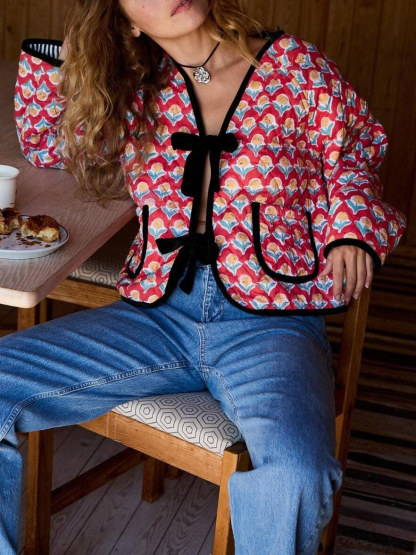 Fashionable Casual Lace-up Printed Cotton Jacket