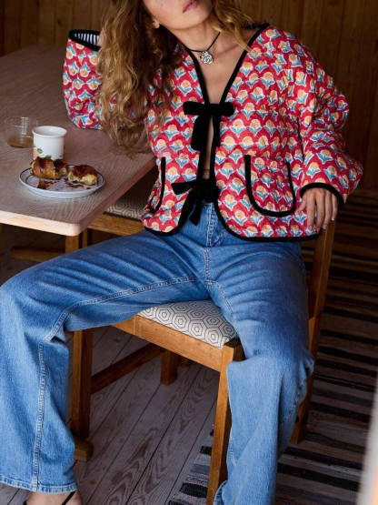 Fashionable Casual Lace-up Printed Cotton Jacket