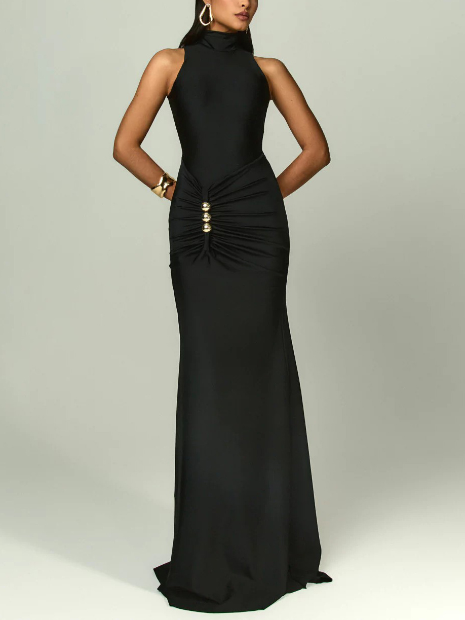 Elegant High-neck Open-back Hollow Maxi Dress