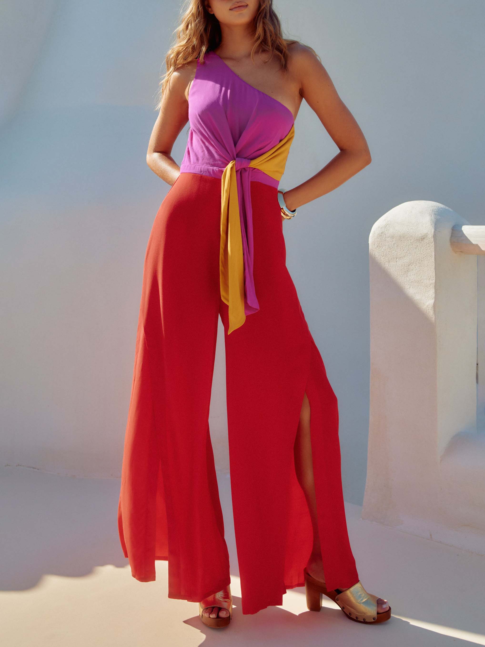 Casual Color-blocked Lace-up Jumpsuit