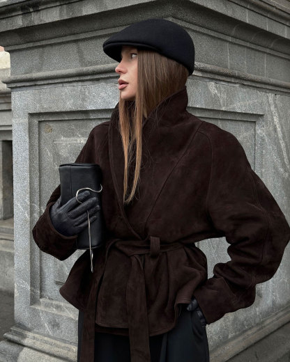 Women's Autumn/Winter Vintage-Style Faux Suede Jacket with Belt – Long-Sleeved, Brushed Finish