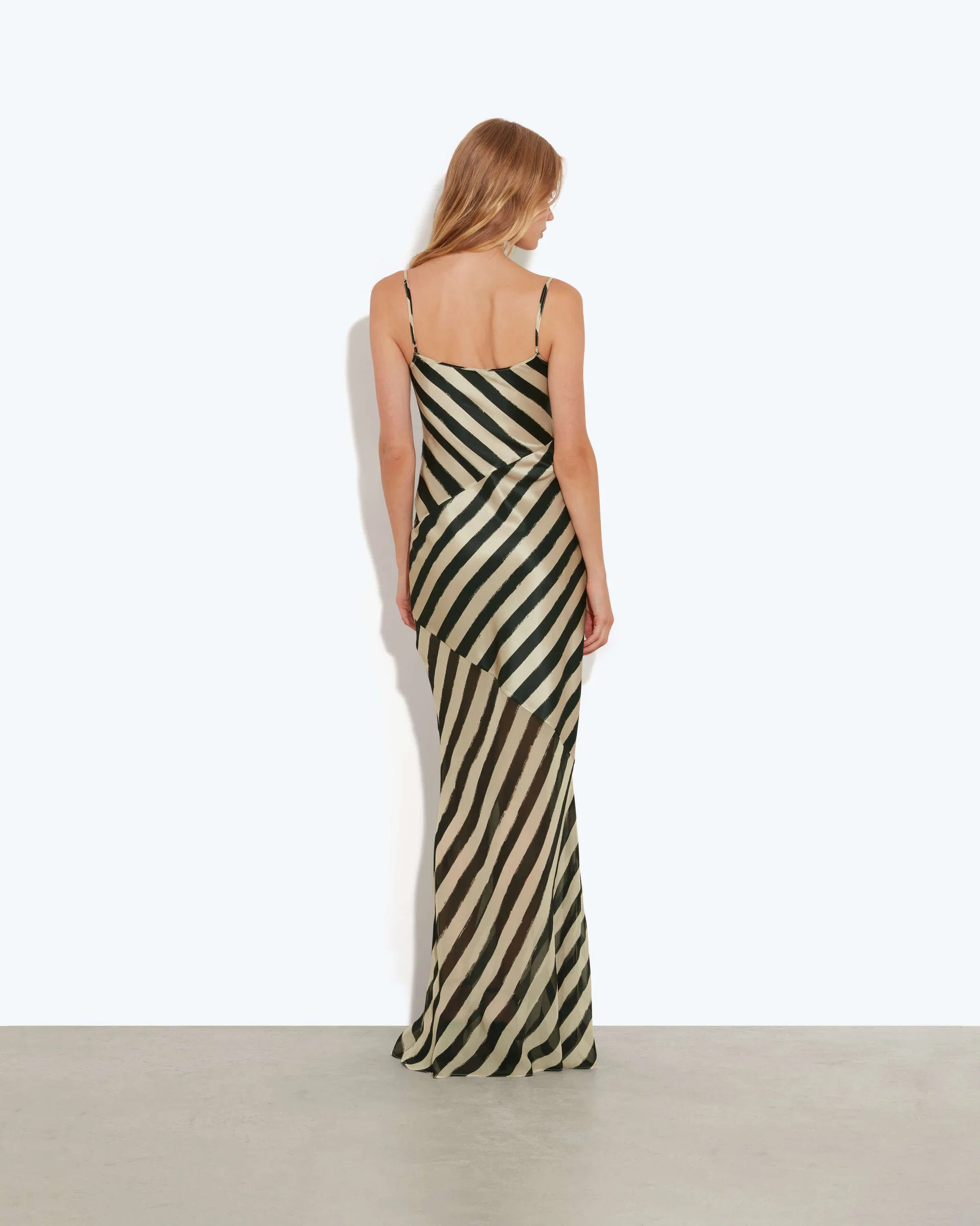 Beige & Black Diagonal Stripe Maxi Dress – Bias-Cut Satin Slip Gown