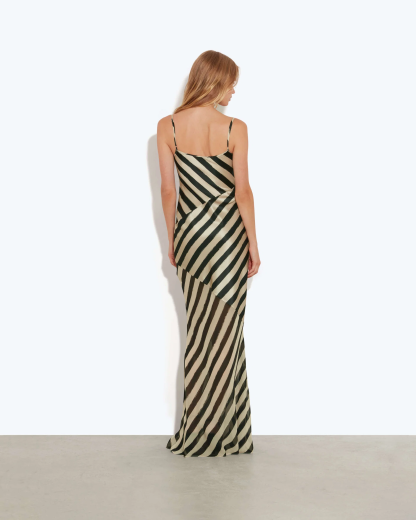 Beige & Black Diagonal Stripe Maxi Dress – Bias-Cut Satin Slip Gown