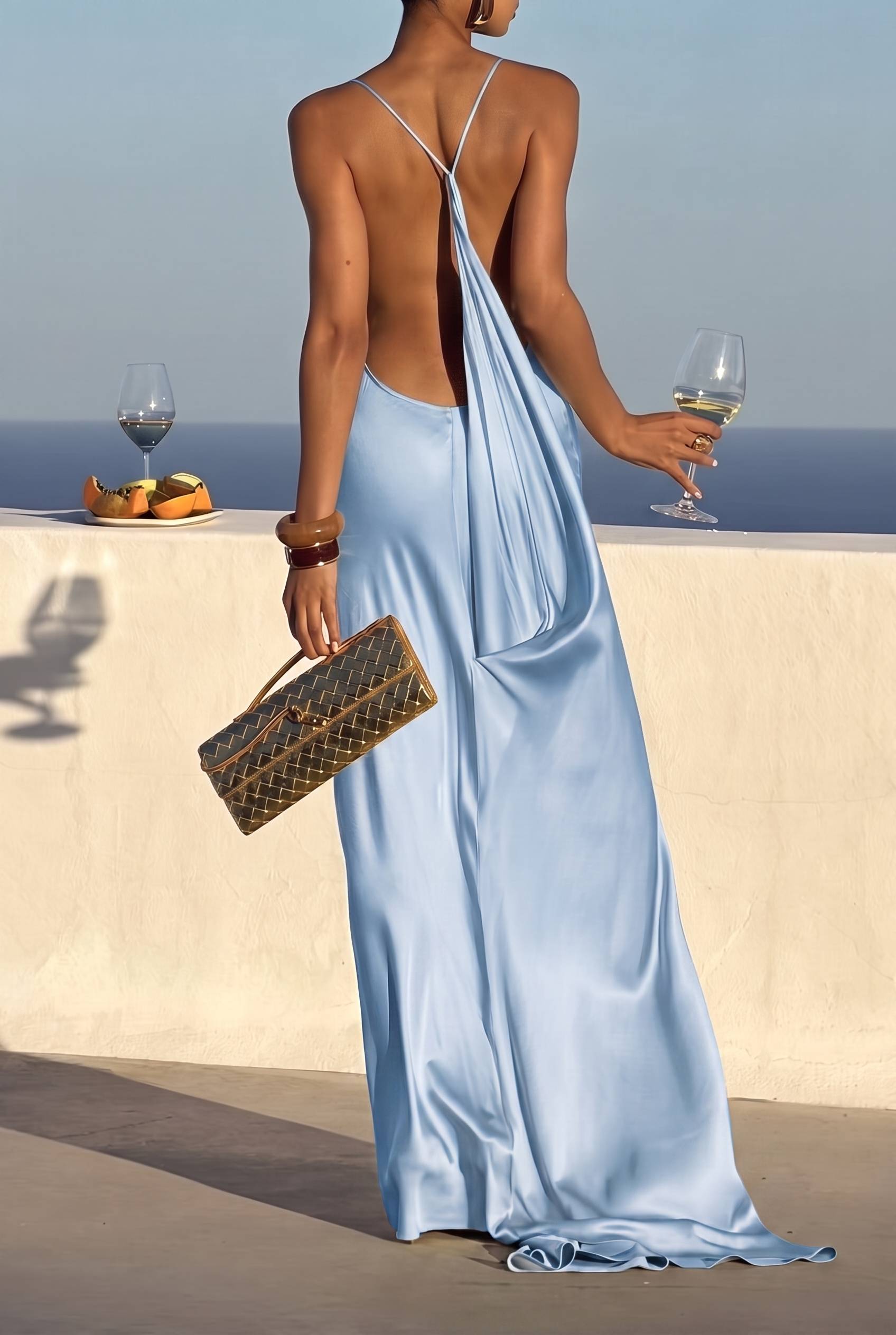 Elegant Satin Draped Backless Maxi Dress