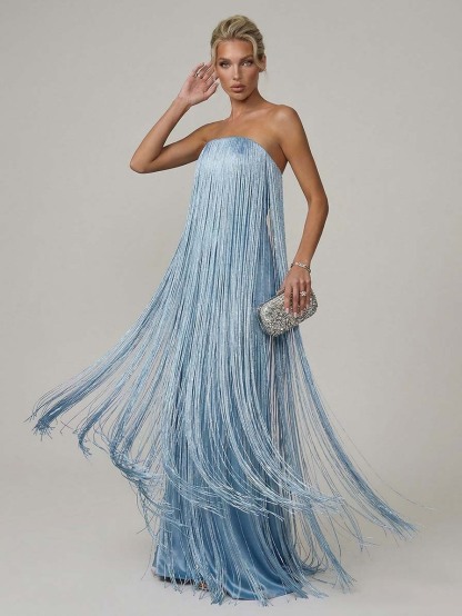 Elegant Strapless Fringe Formal Maxi Dress