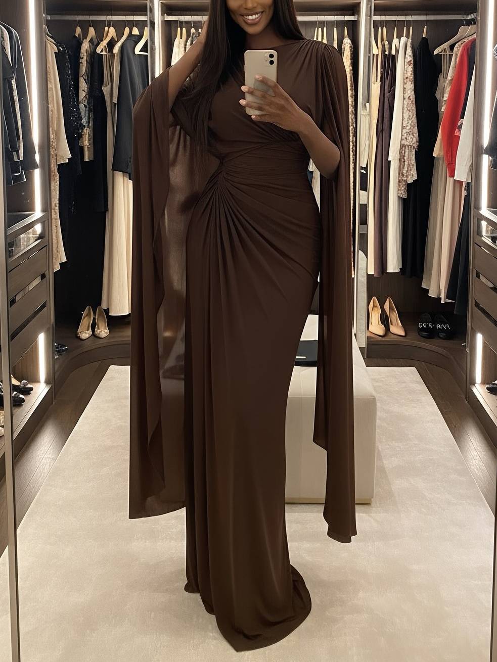 Boat Neck Pleated Slim Fit Maxi Dress