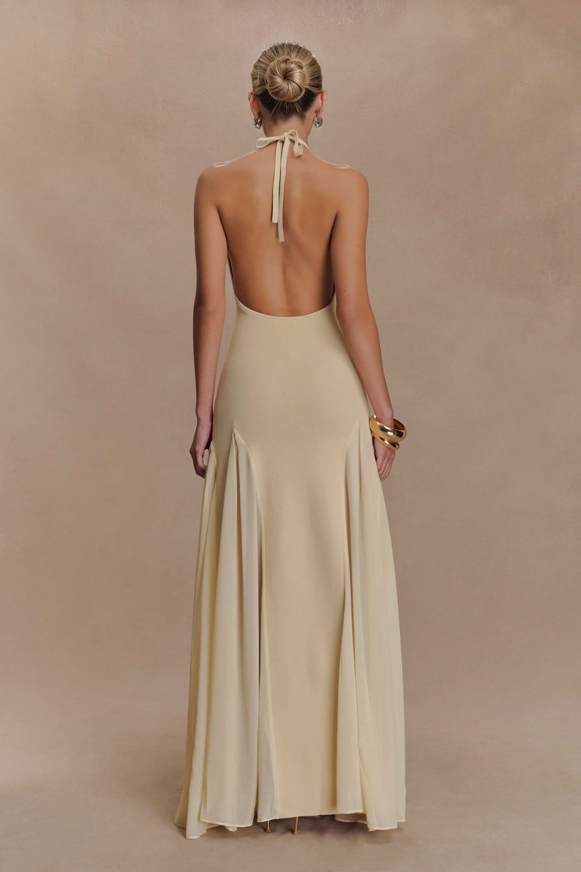 Halter-Neck Knit Tulle Spliced Maxi Dress