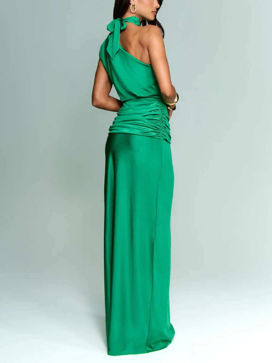 Elegant Asymmetric Neckline Pleated Party Maxi Dress