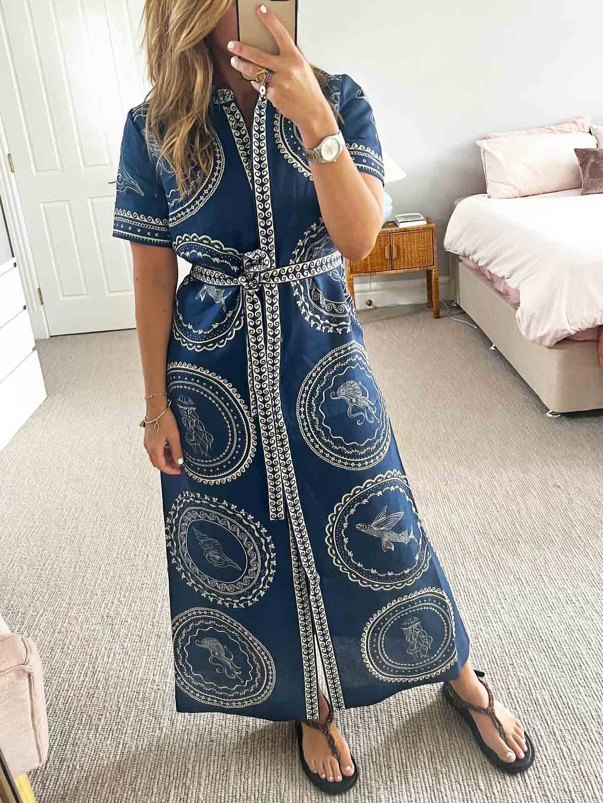 ★E.B.M★ String Point Pattern Long One Piece EMO6WOP030 Exquisite Ocean Print Shirt-Style Lace-Up Maxi Dress – LMC