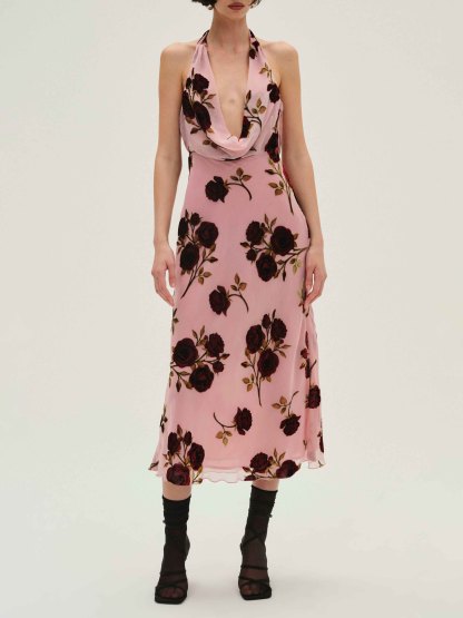Vintage Rose Drape Neck Maxi Dress