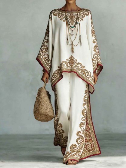 Elegant Satin Printed Oversized Shawl Top & Pants Two-Piece Set