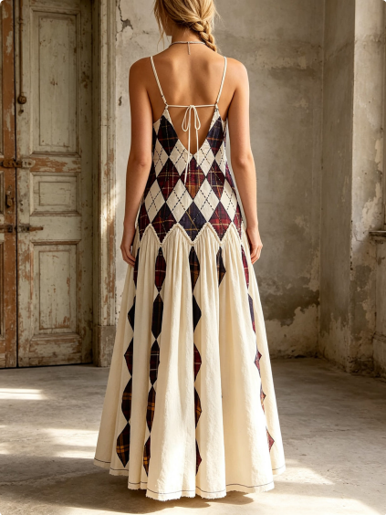 Rhomboid Patchwork Waist Long Dress