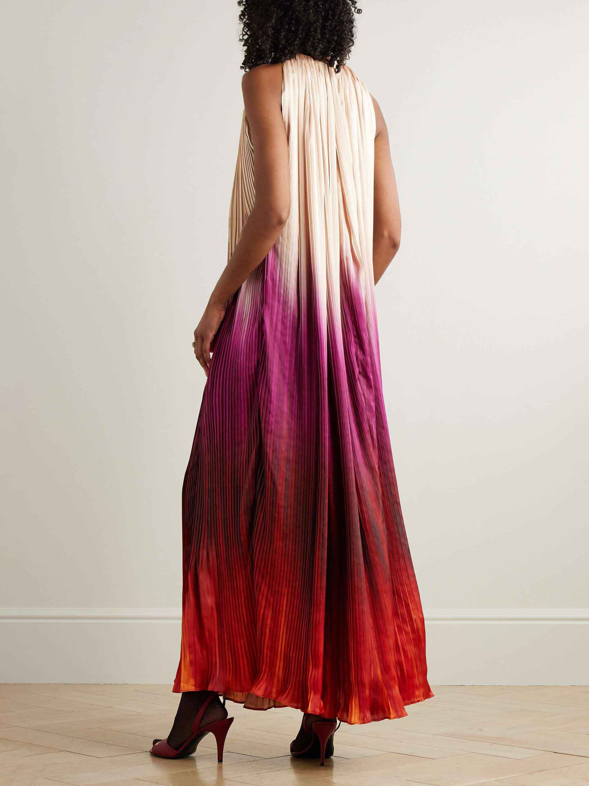 Elegant Gradient Pleated Print Halter Neck Maxi Dress